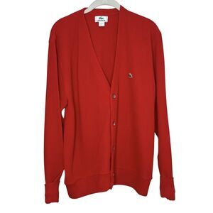 Vintage 80s Lacoste Red Cardigan Sweater Mens L Made USA Fold Cuff Crocodile